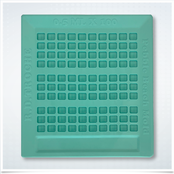 R.D. Troche Molds from TICKERWORKS are durable, flexible, and reusable compounding molds. Each mold contains one-hundred cavities, and each cavity offers a 0.5mL volume capacity. The cavity is scored for patients to easily cut the troche in half if needed, to accommodate specific dosage needs. Rather than filling individual troche cavities one at a time, your compounding staff can now fill hundreds at a time.