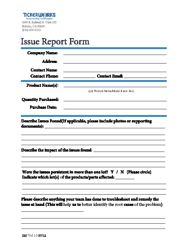 TICKERWORKS Issue Report Form