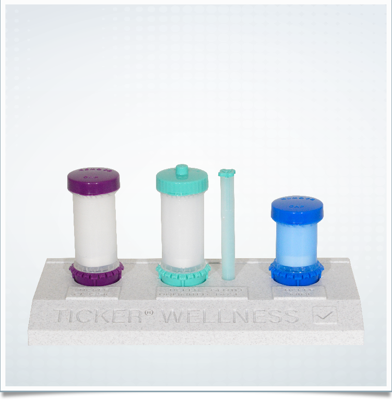 The TICKER® Wellness Display is composed of several key components: a sleek metal plate featuring a vibrant, happy couple enjoying their day in the park, a specialized TICKER Display Stand capable of accommodating up to three TICKER Dispensers, and a user-friendly Gentle Dose applicator. From left to right in the display, you'll find the TICKER Classic Violet, TICKER Unlimited, Gentle Dose, and TICKERmini.